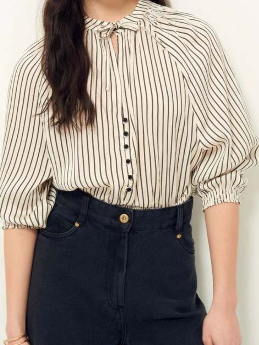 Sessun Striped Tie-Neck Blouse in Cream and Black